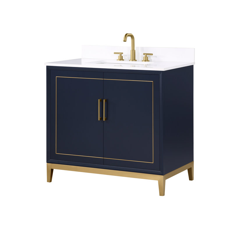 Gracie 36'' W Single Vanity, Pacific Blue, Satin Brass, White Quartz