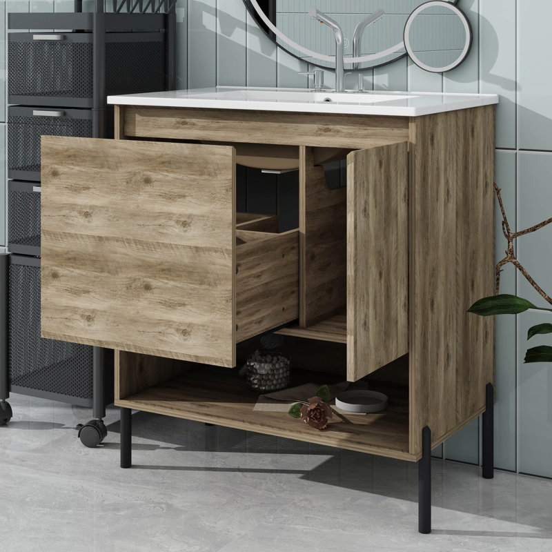 Meuble-lavabo moderne en bois 30 po, meuble-lavabo avec tiroir coulissant, meuble-lavabo avec comptoir de lavabo en céramique, meuble-lavabo