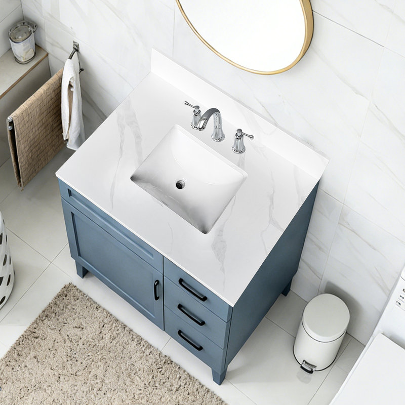 Comptoir de salle de bain en quartz 31 po avec lavabo simple, 4 dosserets hauts, 3 trous de robinet pré-percés, teinture, style moderne pour meuble-lavabo blanc rafraîchissant, projet de remodelage de la chaleur sous le comptoir