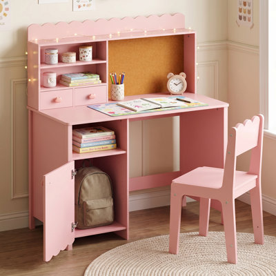 Pink Desk and Chair Set with Storage Cabinet and Cork Board