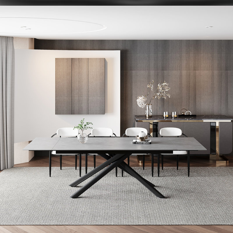 Louina 70.8" to 102.3" Extendable Rectangular Dining Table with Fabric Chairs Dining Set, Gray, White/Black, 11