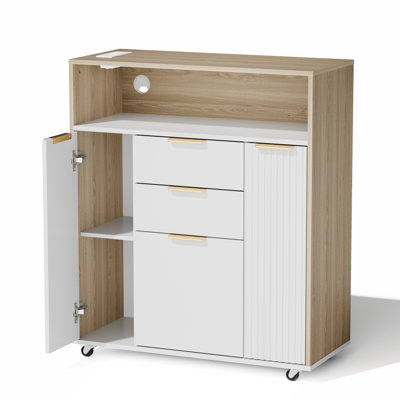 Adonia 31.5"W Modern Storage Cabinet With Adjustable Shelves & Built-In Outlet – Featuring 3 Drawers, 2 Doors & 5 Wheels For Home Office Storage
