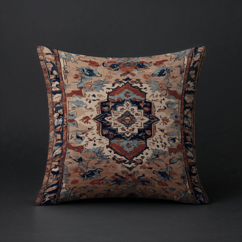 Coussin décoratif intérieur et extérieur Modern, Bleu marine / rouille / beige damassé, Carré 16 po