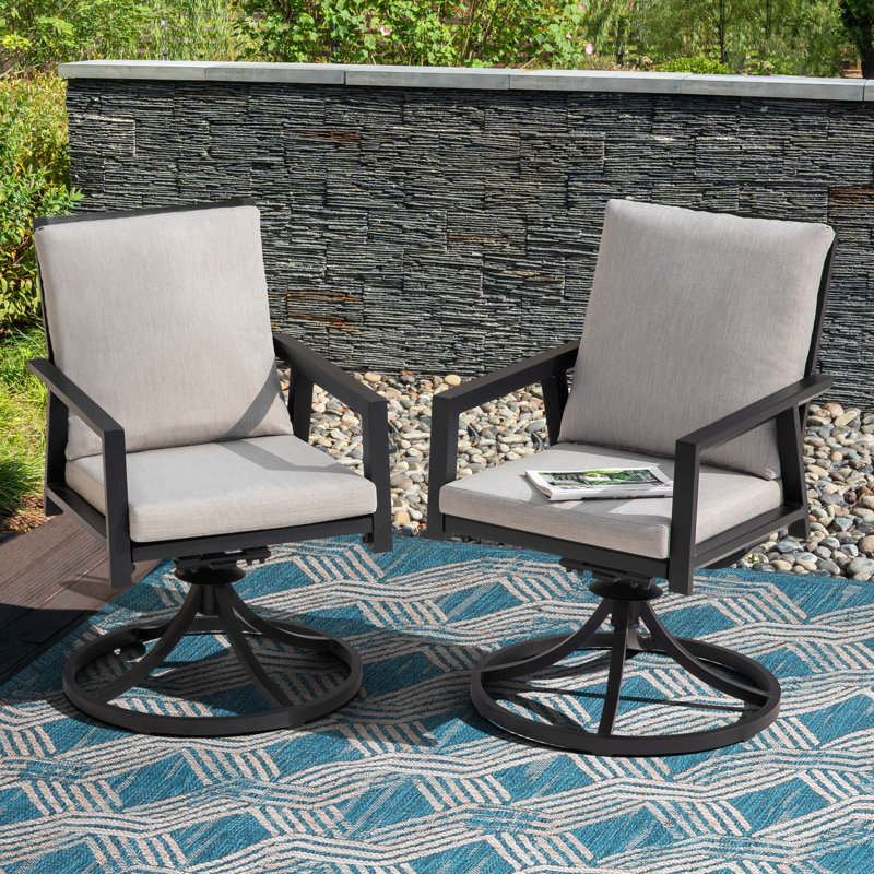 Chaises pivotantes d'extérieur en aluminium 2 pièces avec coussins gris