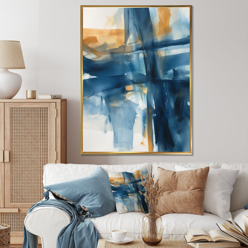 «Blue and Gold Fusion», art mural Fractals, H 32 po x l 24 po x P 1 po, Cadre flottant doré