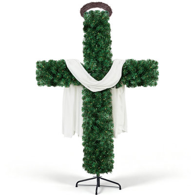5FT Green Cross Christmas Tree with Scarf Head Ring PVC 446 Branch Tips DIY 100 Warm White Lights 30V 3.6W Indoor Holiday Decor