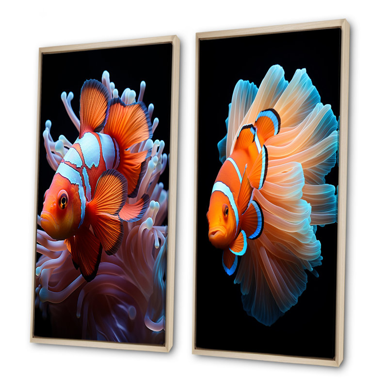 Portrait de poisson clown orange - ensemble de 2 décorations murales corail sous l'eau, H 28 po x l 25 po