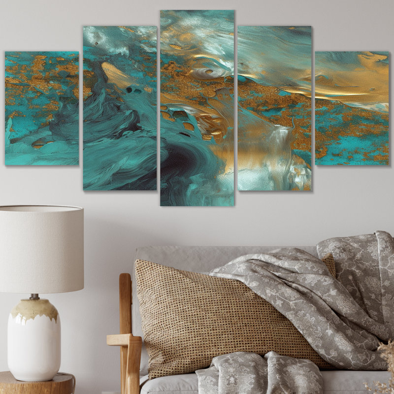 Golden Sunshine Wild Turquoise River Abstract IV - décoration murale abstraite - 5 panneaux