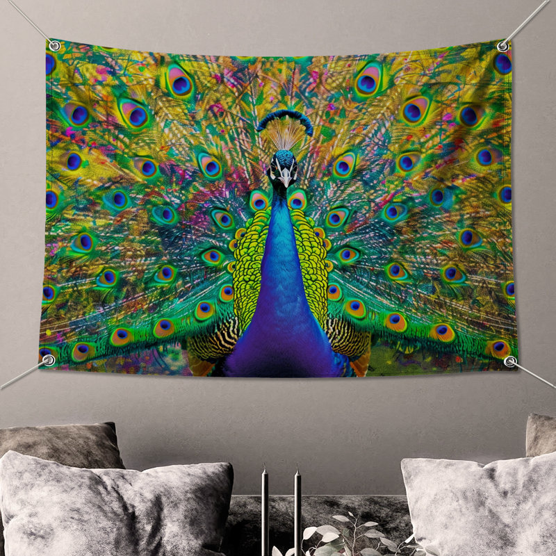 Tapisserie murale vibrante plumes de paon - Décoration murale paon, 50in H x60in W with 4 Grommets