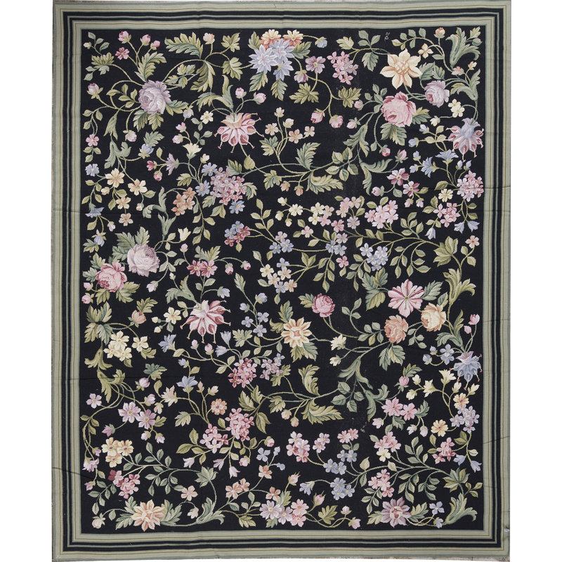 Hand-Knotted High-Quality Black and Light Green Area Rug