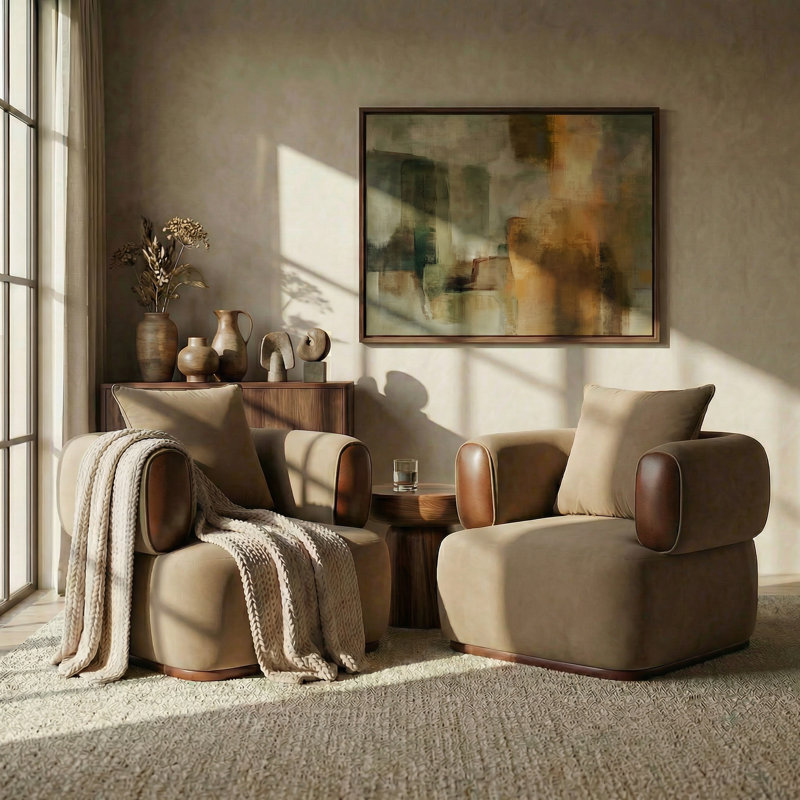 Chaise d'appoint rembourrée en velours avec accoudoirs et coussin ronds, Brun, 2
