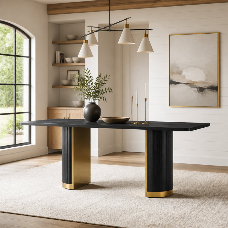 Table de salle à manger 78 "en bois noir avec base en métal doré