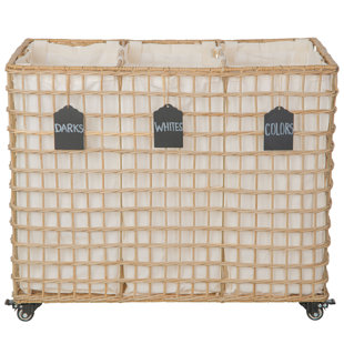 Hand Woven Wicker Rolling Laundry Sorter with Handles