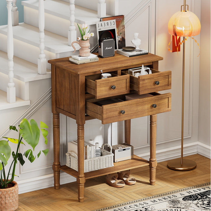 Narrow Console Table, Slim Sofa Table With Three Storage Drawers And Bottom Shelf For Compact Spaces, Natural