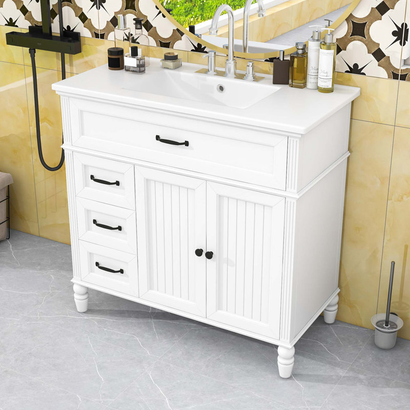 Meuble-lavabo avec lavabo en céramique, armoire de rangement et 2 tiroirs, Blanc