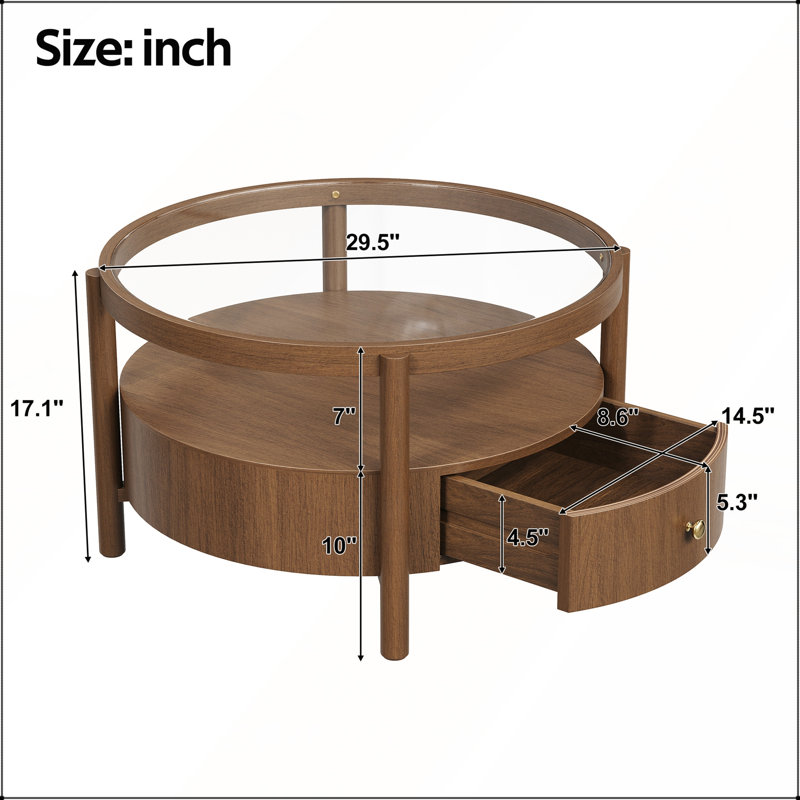 Table basse ronde en bois massif avec plateau de rangement en verre massif, table de centre circulaire moderne Mid-Century à 2 niveaux, table basse en bois de noyer pour le salon