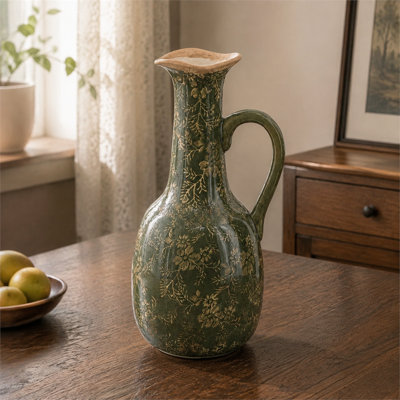 Olive Green Floral Pattern Ceramic Pitcher Vase 7.1x6.1x14.2 Inches, Home Decor Flower Vessel