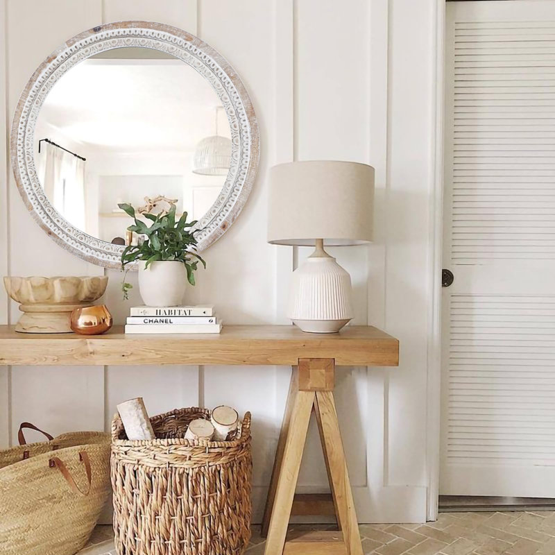 Wooden Frame Farmhouse Mirror With White Wash Beads, Round
