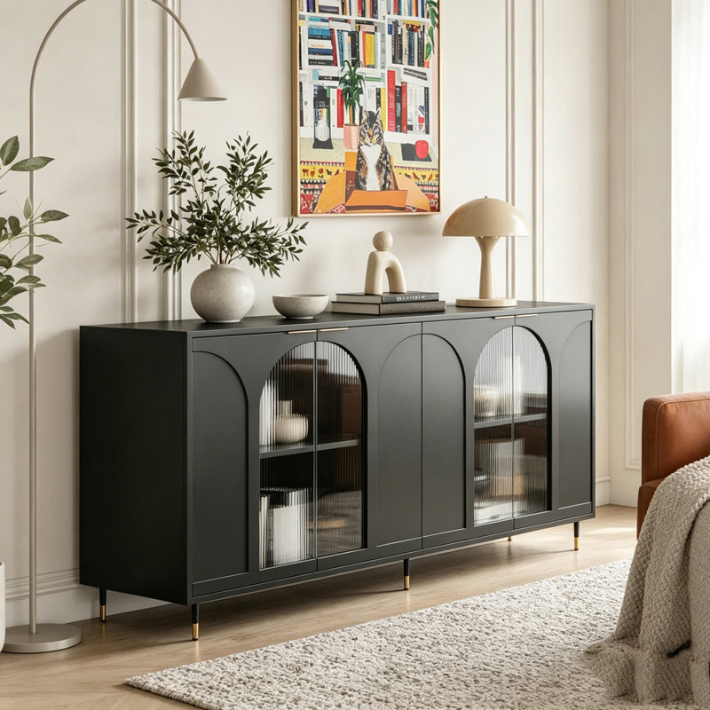 Armoire en bois noir laqué à 4 portes avec portes en verre