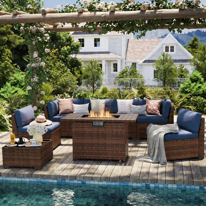 Ensemble de conversation modulaire en rotin pour 6 personnes avec coussins, Oui, Bleu