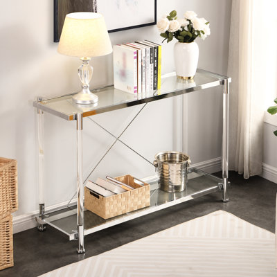 Table en verre pour la maison, 43,77 po, pieds en acrylique, 2 tablettes, table d'appoint à cadre et structure en métal pour le salon et la chambre à coucher, fiable