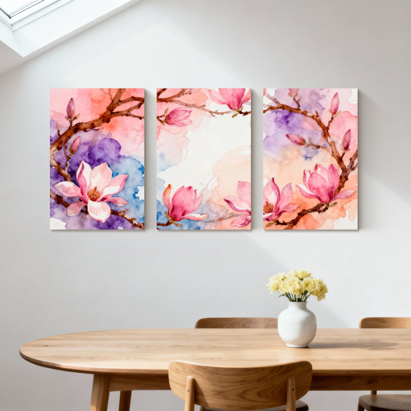 «Magnolia Watercolor Magnolia Blossoms On Branches», ensemble de 3 impressions sur toile, H 18 po x l 36 po
