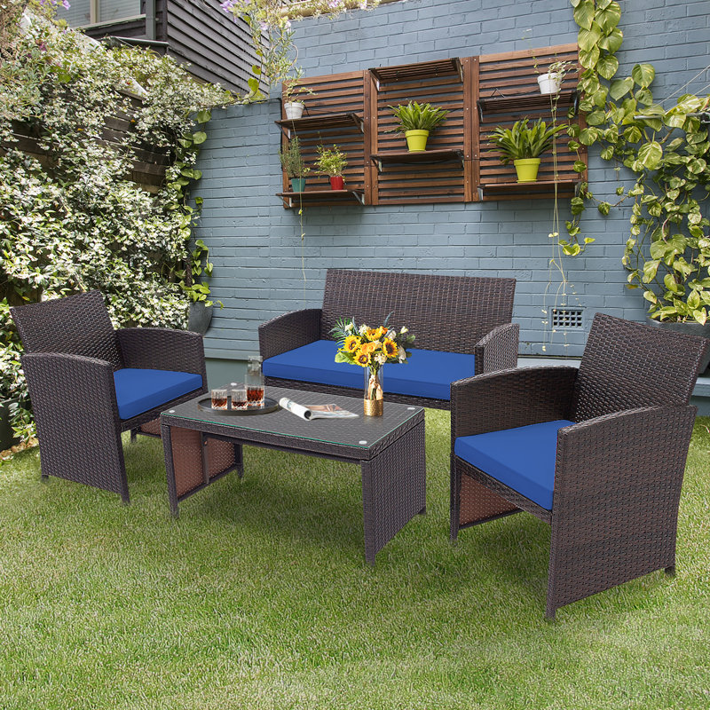 Ensemble de meubles de patio en rotin 4 pièces Briniya, Bleu marine