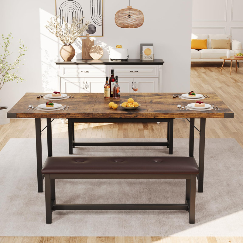 Ensemble de table de salle à manger extensible 3 pièces pour 4 à 6 personnes, ensemble de cuisine en bois avec 2 bancs rembourrés pour petit appartement, brun rétro