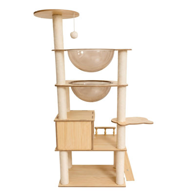 Tour pour arbre à chat 59 po en bois moderne avec deux hamacs en acrylique, maisonnette pour chat, poteaux à griffer en sisal, perchoir supérieur et plateformes multi-niveaux pour chats d'intérieur