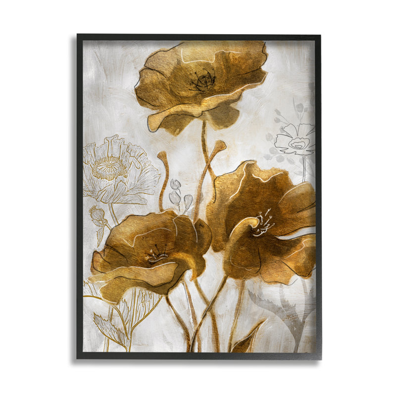 Champ de fleurs abstrait coquelicots argent et or, H 14 po x l 11 po, Giclée encadrée noir minuit