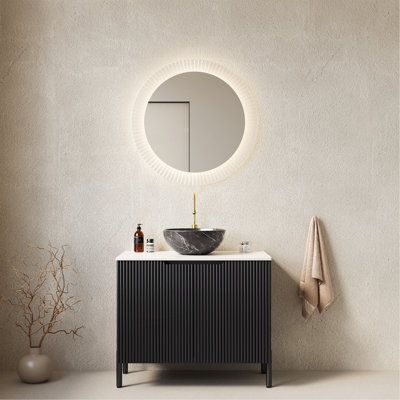 Meuble-lavabo de salle de bain 30 po avec lavabo, meuble de rangement autoportant avec 2 portes, lavabo en céramique avec motif en pierre et comptoir en pierre frittée blanc de Carrare, sans robinet, couleur noire