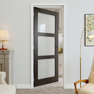 28" x 80" 3-Lite Black Frosted Glass Interior Prehung Door with Curve Lever and Silver Hinges, Privacy Glass Door Slab, Sound-Dampening & Waterproof, Suit for Laundry, Closet Doors, Room Doors, Left Hand