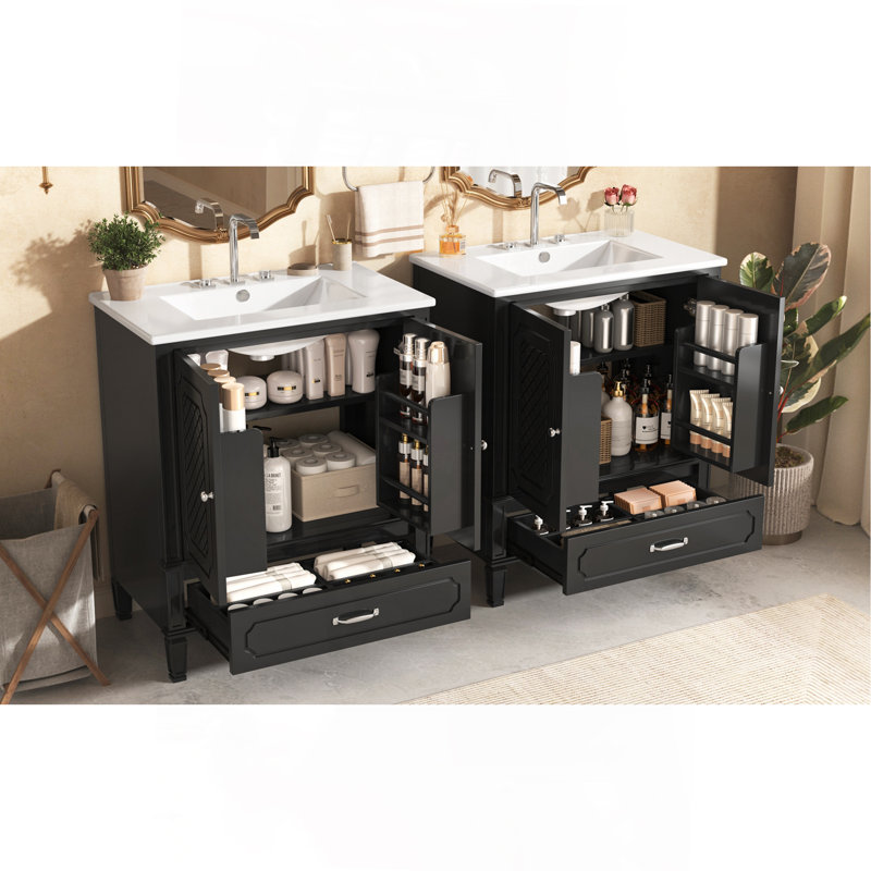 Ensemble de meuble-lavabo 60 po avec lavabo double 60 po, 2 armoires avec porte, 2 tiroirs, noir, Noir