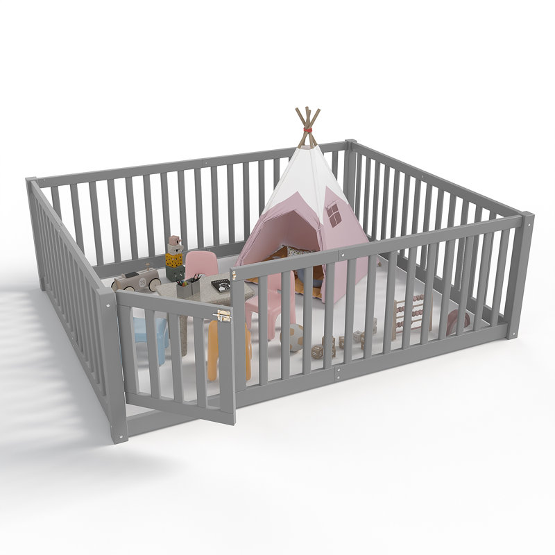 Lit sur pied avec garde-corps et porte pour enfants, Full, Gris