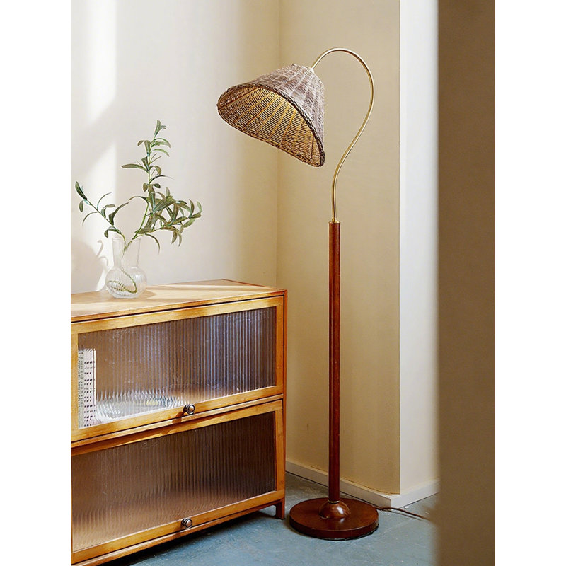 French Vintage-Style Rattan, Wrought Iron & Solid Wood Floor Lamp