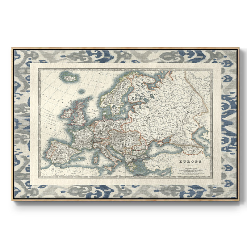 Bordé carte de l'Europe, peinture sur toile encadrée, Cadre en bois naturel, H 27 po x l 41 po x P 2 po
