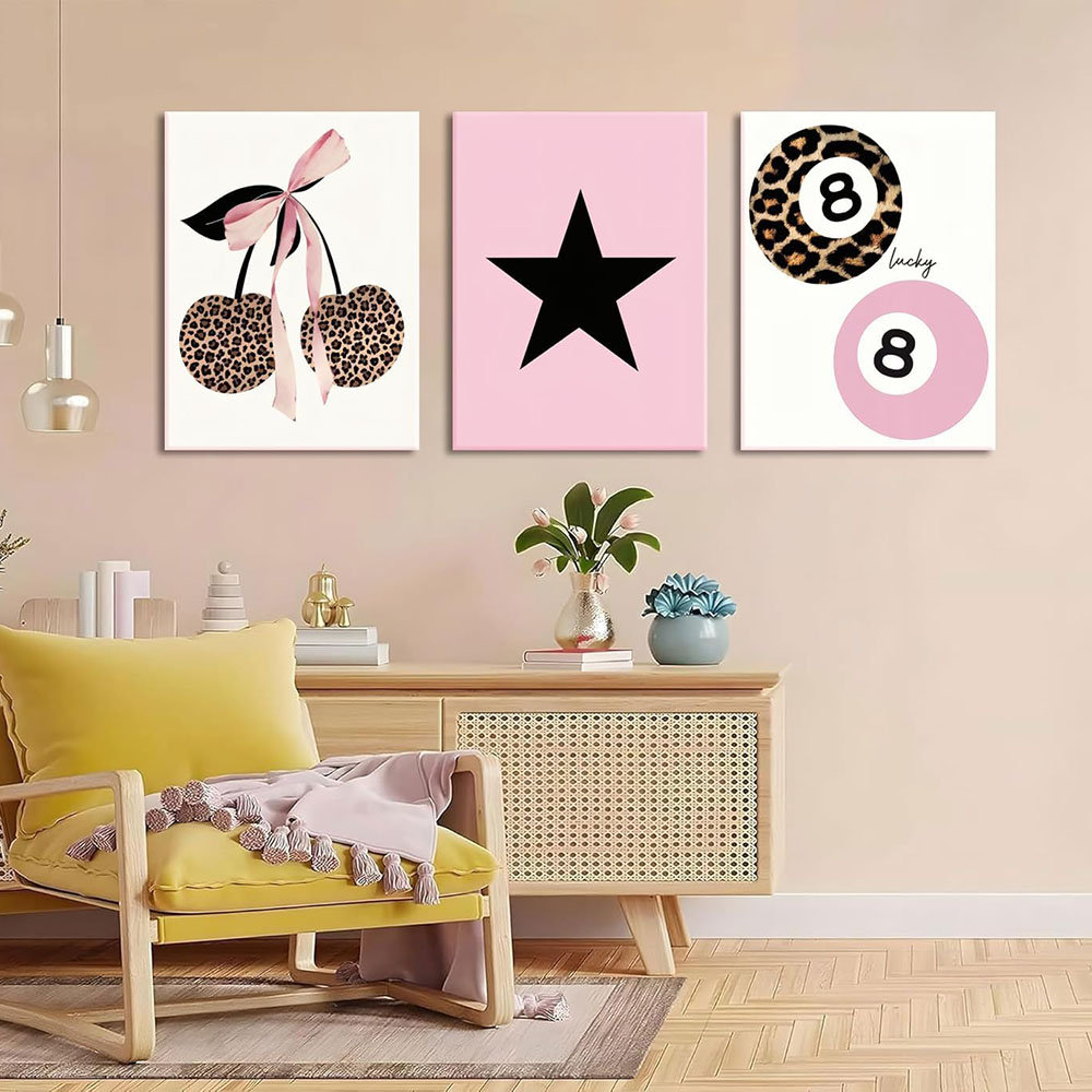 Trendy Pink Leopard Bow Canvas Wall Art Set Of 3 Funky Cherry Lucky 8 Ball Posters Prints Wall Decor Cute Coquette Preppy Aesthetic Pictures For Bedro