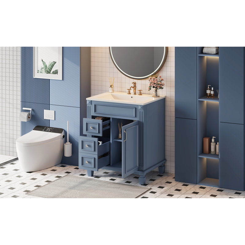 Meuble-lavabo de 24 po avec lavabo en céramique, petite armoire de salle de bain, armoire moderne avec 2 tiroirs et tablette réglable, meubles-lavabos