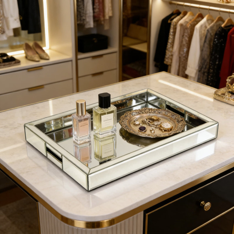 Plateau de coiffeuse en miroir avec poignée, plateau de miroir rectangulaire décoratif pour organisateur de parfum de bijoux, décoration de table basse de salle de bain commode de chambre à coucher