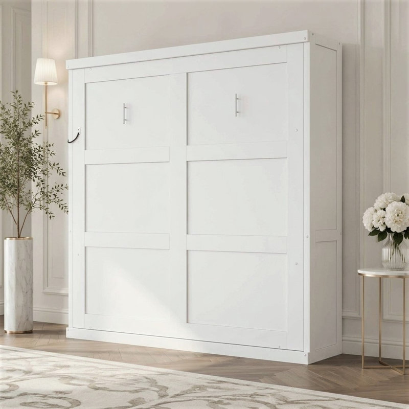 Lit escamotable double avec armoire pliante, blanc, Double, Blanc