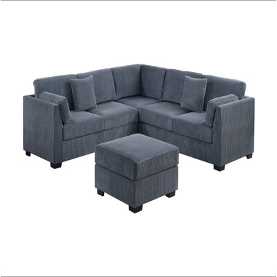 L-Sectional RAF/LAF One Arm-Loveseat Corner Wedge Cocktail Ottoman Dark Gray Corduroy Upholstered Pillows 4Pc Sectional Sofa Set