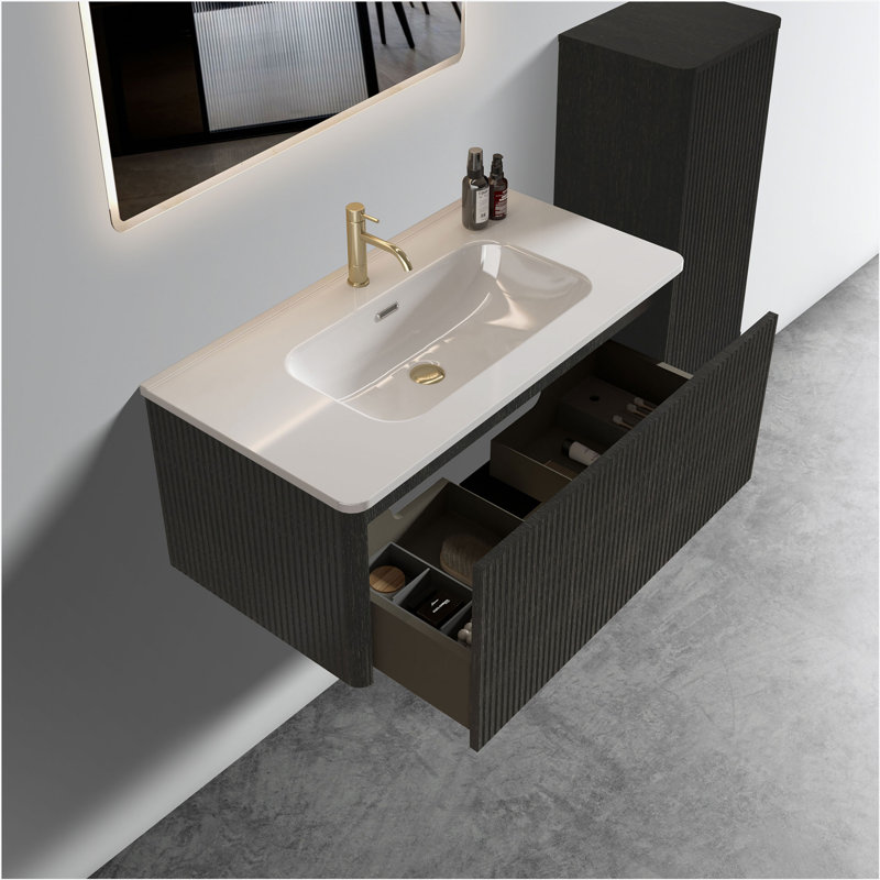 Meuble-lavabo flottant rayé en chêne noir brossé 36 po avec lavabo en céramique blanche 36 po, pré-assemblé
