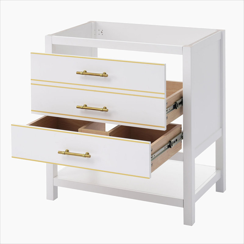 White and Gold 30" Bathroom Vanity Cabinet with Open Storage