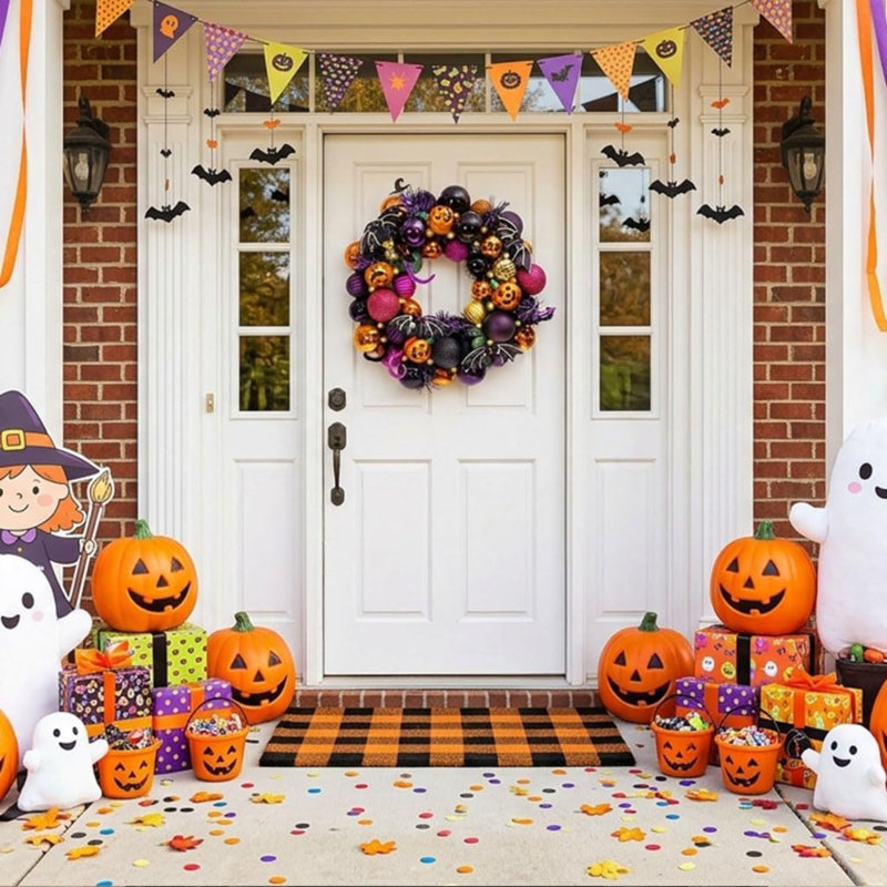 Couronne de citrouille d'Halloween 12 po pour porte d'entrée | Bougie décorative 60 pi incassable pré-éclairée pour pièce maîtresse