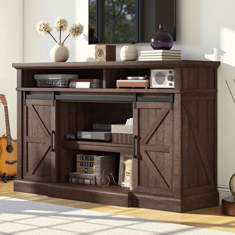  Meuble télé Allen avec porte de grange coulissante et grandes tablettes de rangement l 66 po Allen, brun, Brun