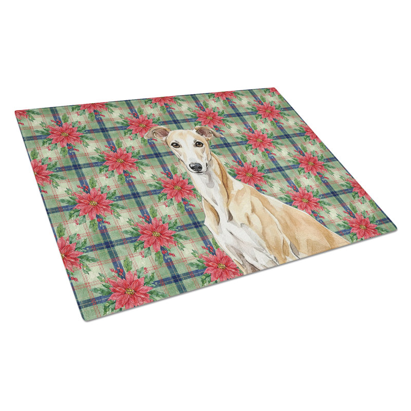 Fawn Greyhound Christmas PoinsettIas Glass Cutting Board, Fawn