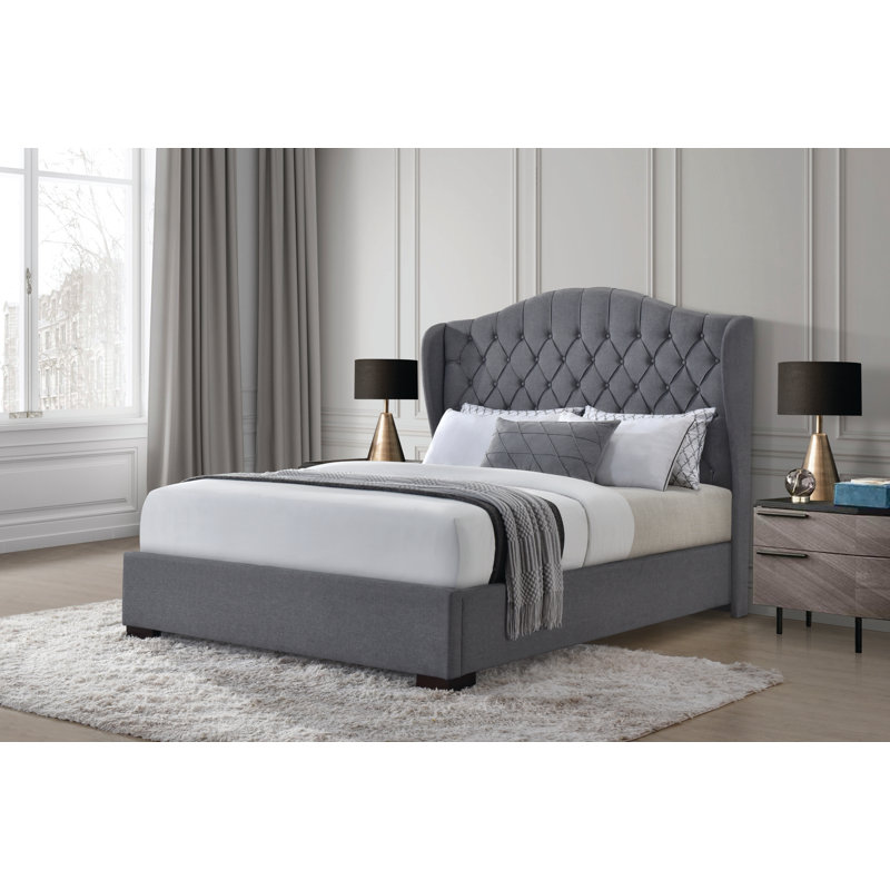 Lit plateforme en tissu d'ameublement, Gris foncé, Double