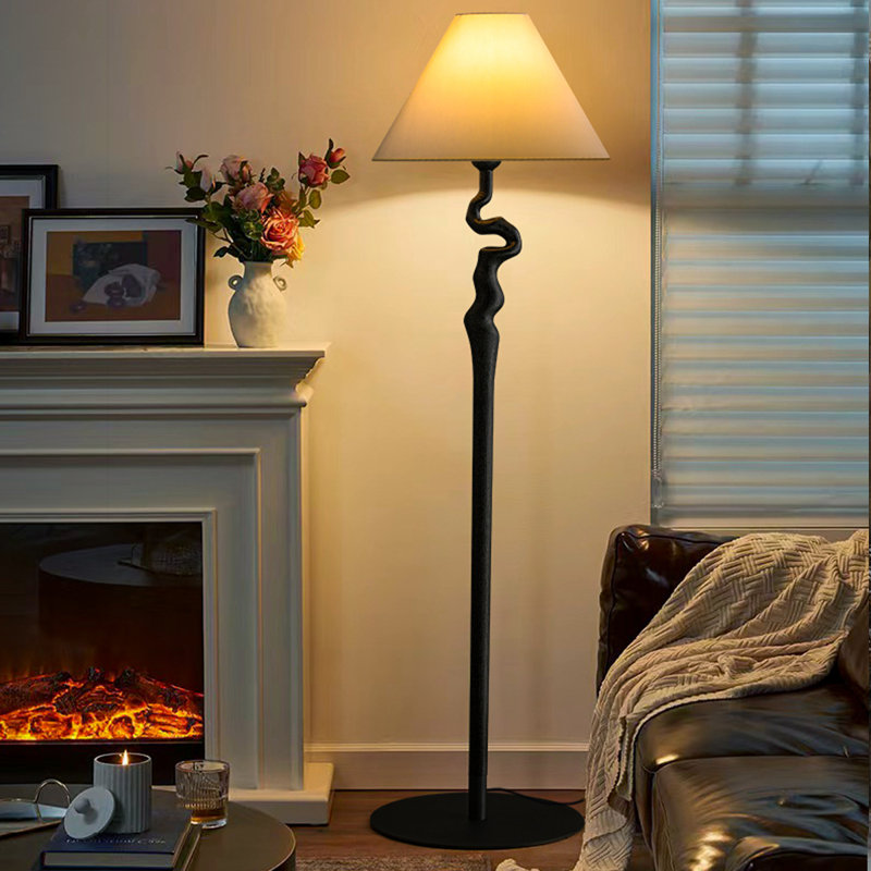 Black Solid Wood+Fabric Free form Floor Lamps, Black