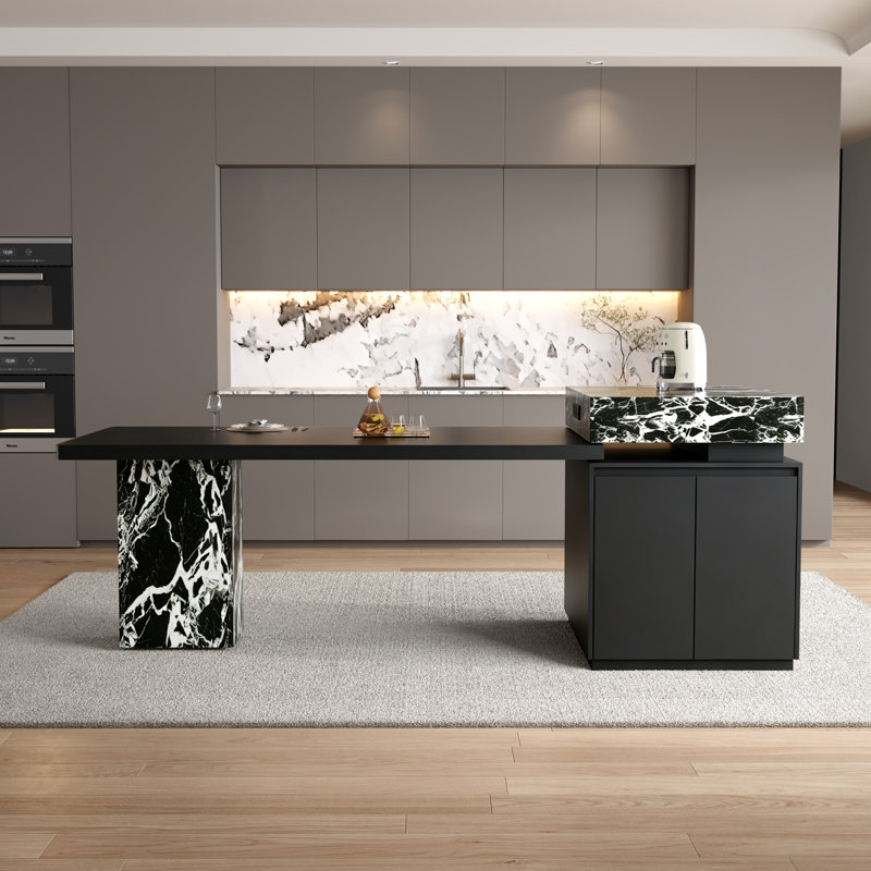 97.24" Black Expandable Sintered Stone Kitchen Island With Storage & Built‑in Power Outlet