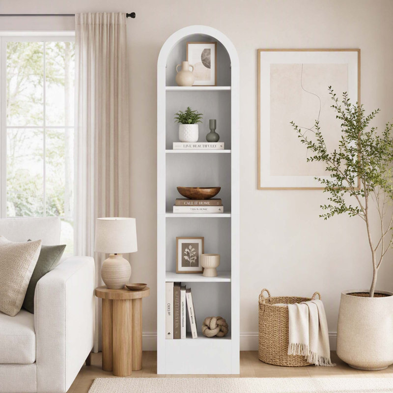 Bibliothèque de rangement cintrée de style moderne du milieu du siècle avec étagères ouvertes multifonctionnelles, White